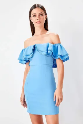 11621 Blue Off-Shoulder Pencil Dress