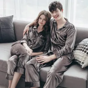 2pcs Couple Gold Velvet Long Sleeve Pajamas set