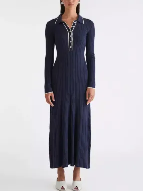 Bicolor Ribbed Knit Polo Maxi Dress