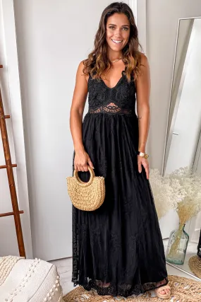 Black Lace Maxi Dress With Crochet Trim