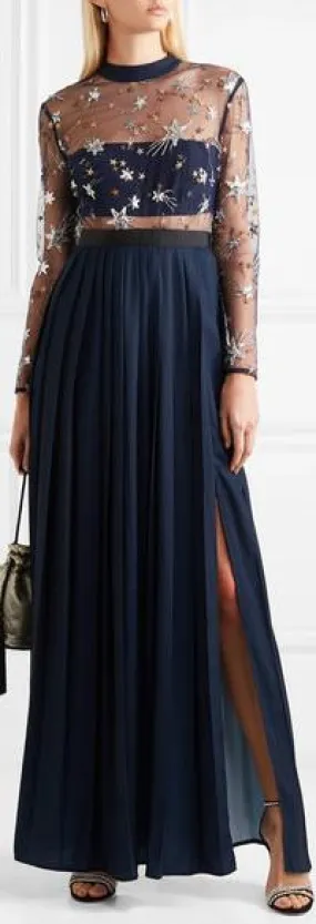 Embellished Tulle and Pleated Crepe de Chine Maxi Dress