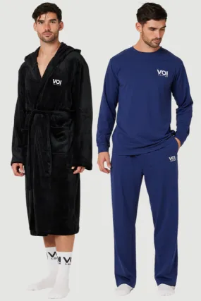 Fleece Dressing Gown & Cotton PJ Set Bundle - Black/Navy