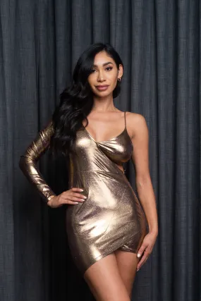 Gilded Trophy One Shoulder V Neck Mini Dress with Asymmetrical Hem in Metallic Bronze (AD-8028)