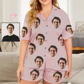 #Plus Size Pajama Set-[Up To 4 Faces] Custom Face Solid Color Loungewear Personalized Photo Sleepwear Women's V-Neck Short Pajama Set