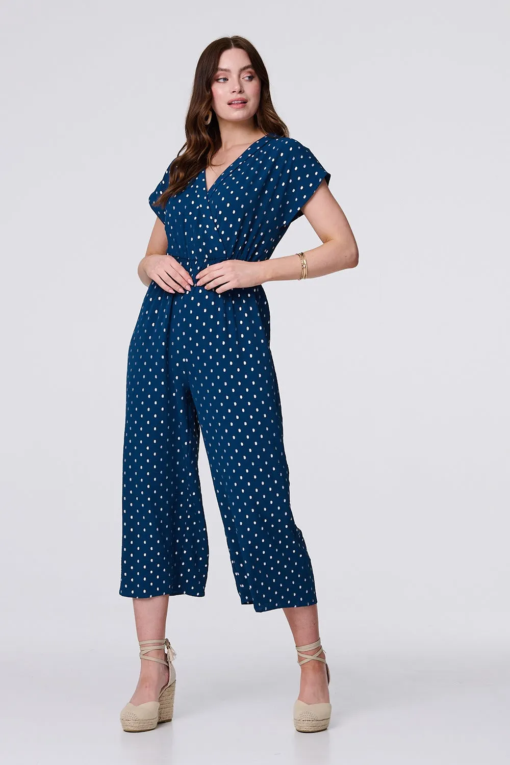 Polka Dot Cropped V-Neck Jumpsuit