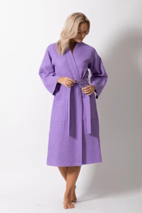 Premium Women's Long  Cotton Turkish Waffle Bathrobe, Kimono Style, Comfort & Softness (Lavender)