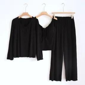 Solid Tank and Long Pants with Cardigan Pajama Set / Black