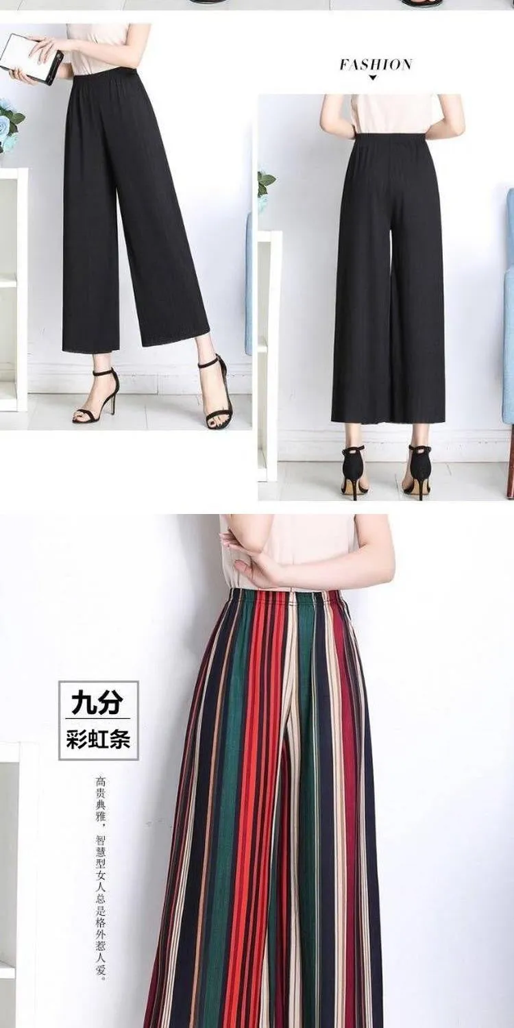 Trendy Wide Leg Pants Women Summer Culottes Striped Slim Look Straight Casual Pants