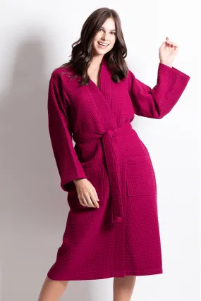 Women's Long Waffle cotton Turkish Bathrobe, Kimono Style, Luxury Robe Poly blend (Wine Red)