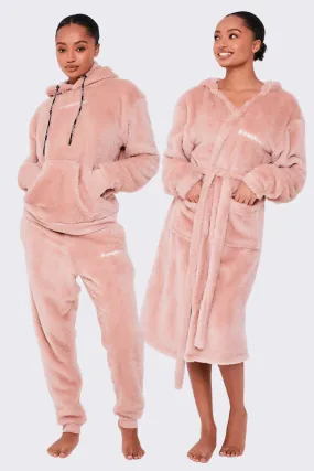 Womens Nightwear Bundle Robe & Fluffy PJ Set - Pink